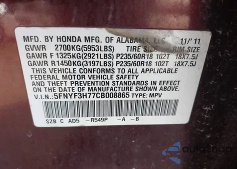 2012 Honda Pilot Ex-L z USA, uszkodzony, nr VIN 5FNYF3H77CB008865